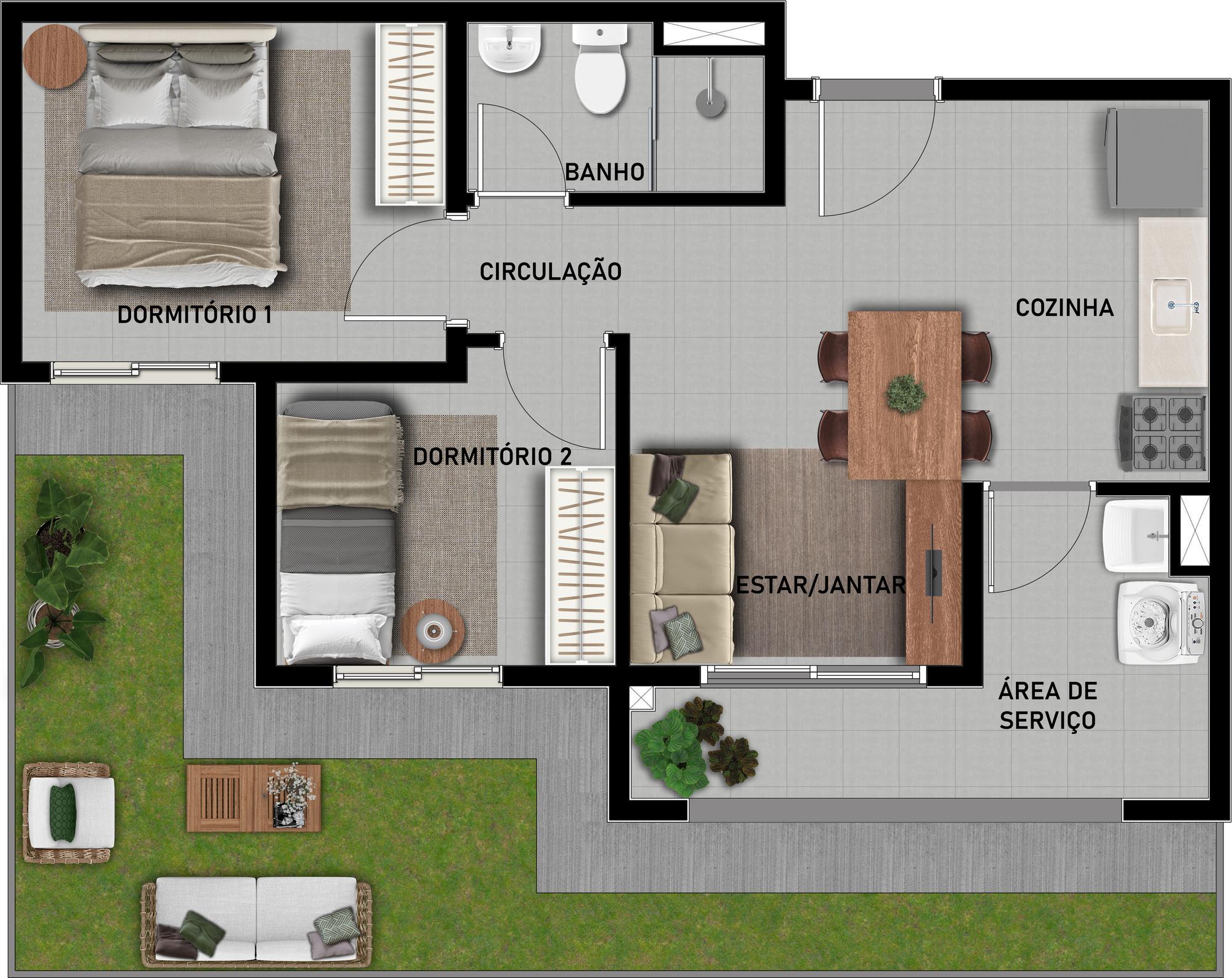 Planta térrea | Meio | com 40,73m² + 17,43m² de Garden